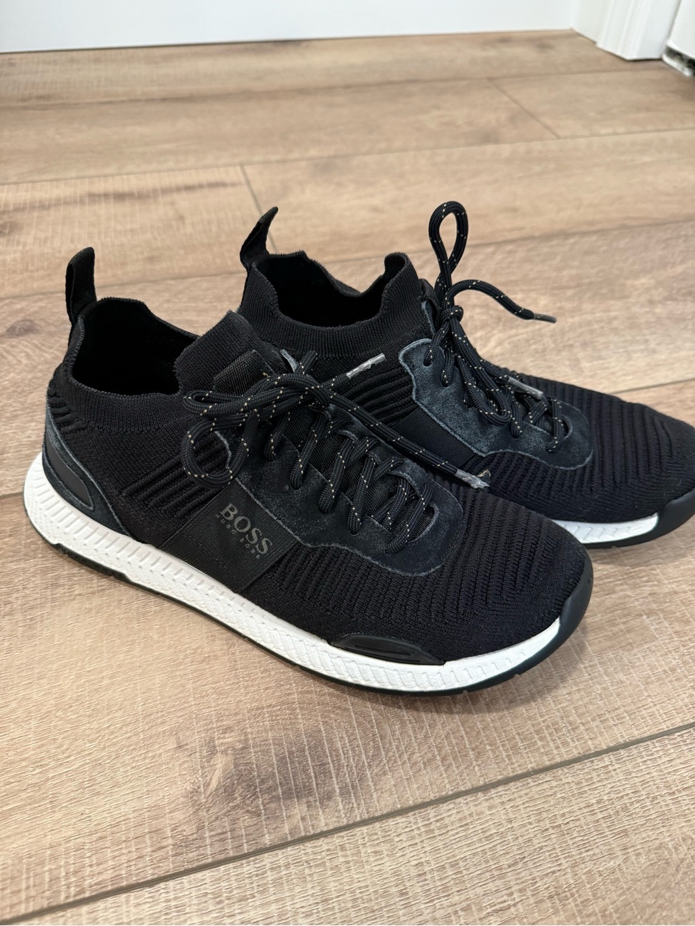 BOSS Black Knit Slip-On Lace Sneakers with White Sole - Picture 1 of 5